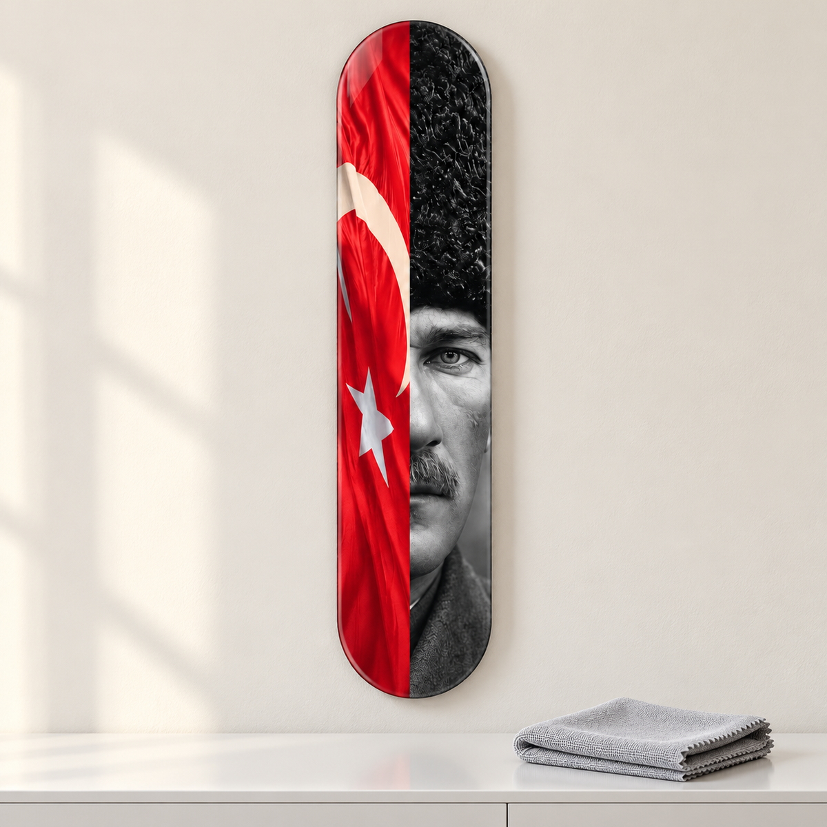 Türk Bayrağı ve Atatürk Portresi Dikey Skate Board Cam Tablo – Mikrofiber bezle bakım