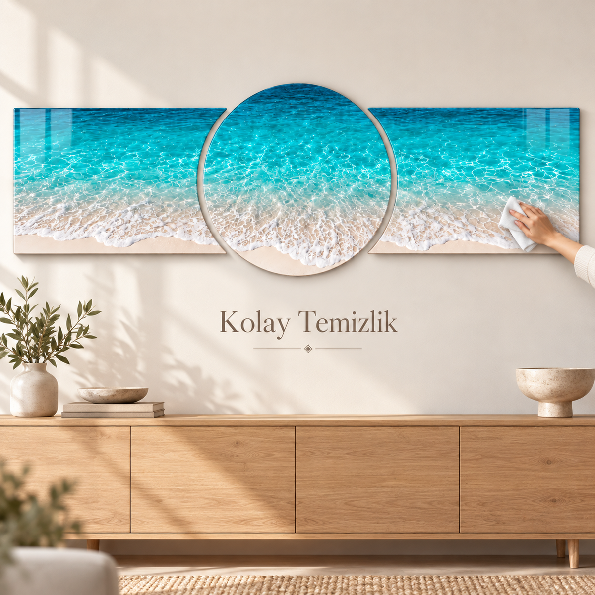 Turkuaz Kıyı ve Deniz Dalgası Şekilli Kesim Cam Tablo — Temizlik