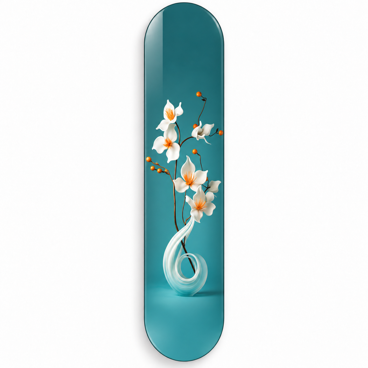 Turkuaz Zeminde Beyaz Çiçekler Dikey Skate Board Cam Tablo – Beyaz fonda ön görünüm