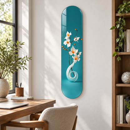 Turkuaz Zeminde Beyaz Çiçekler Dikey Skate Board Cam Tablo – Çalışma odasında görünüm