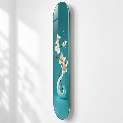 Turkuaz Zeminde Beyaz Çiçekler Dikey Skate Board Cam Tablo – Duvar mesafesi