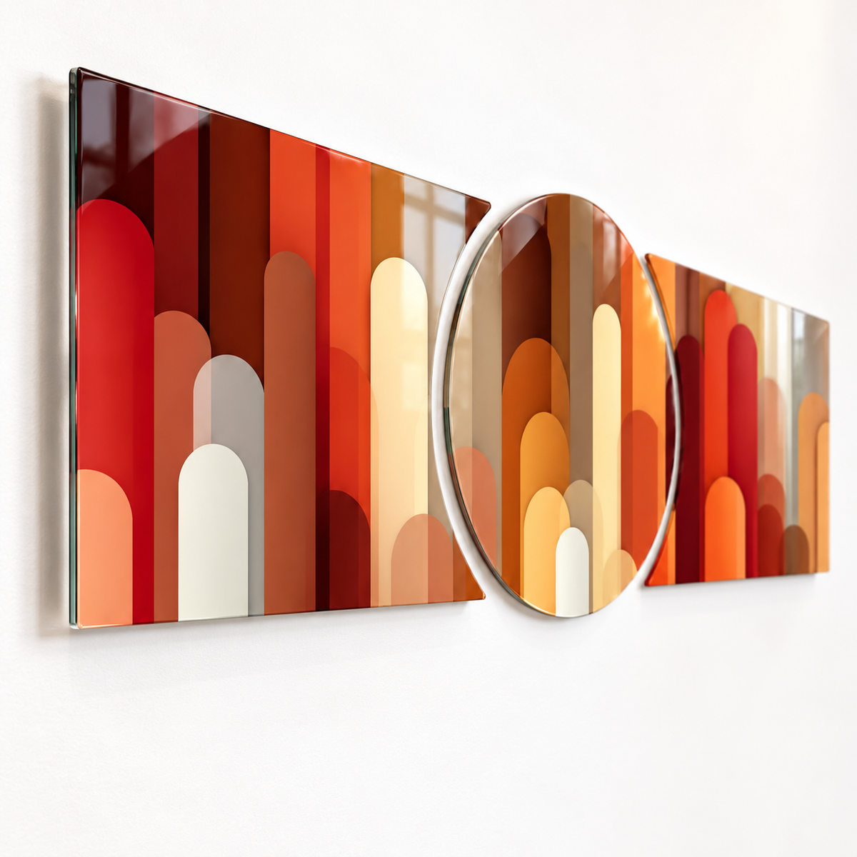 Turuncu ve Bordo Geometrik Desenli Şekilli Kesim Cam Tablo — Duvar mesafesi