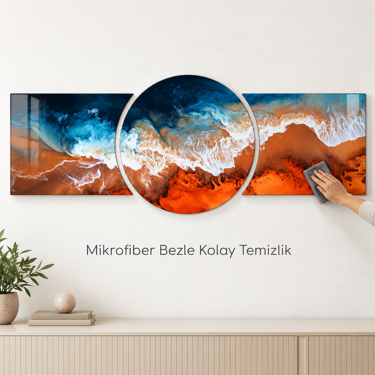 Turuncu Kıyı ve Deniz Dalgası Şekilli Kesim Cam Tablo — Kolay temizlik
