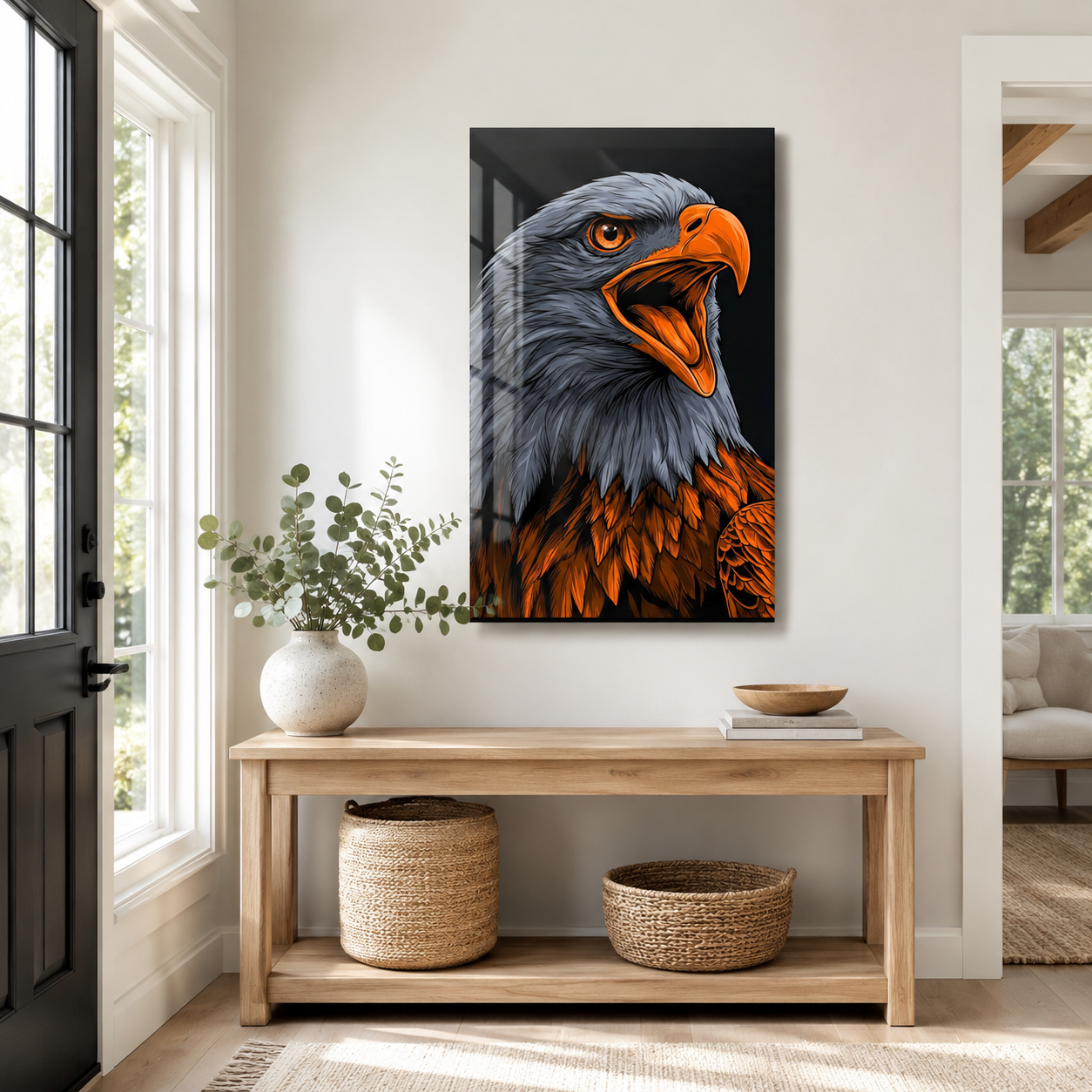Turuncu gagalı kartal portresi dikey cam tablo aydınlık antre mockup