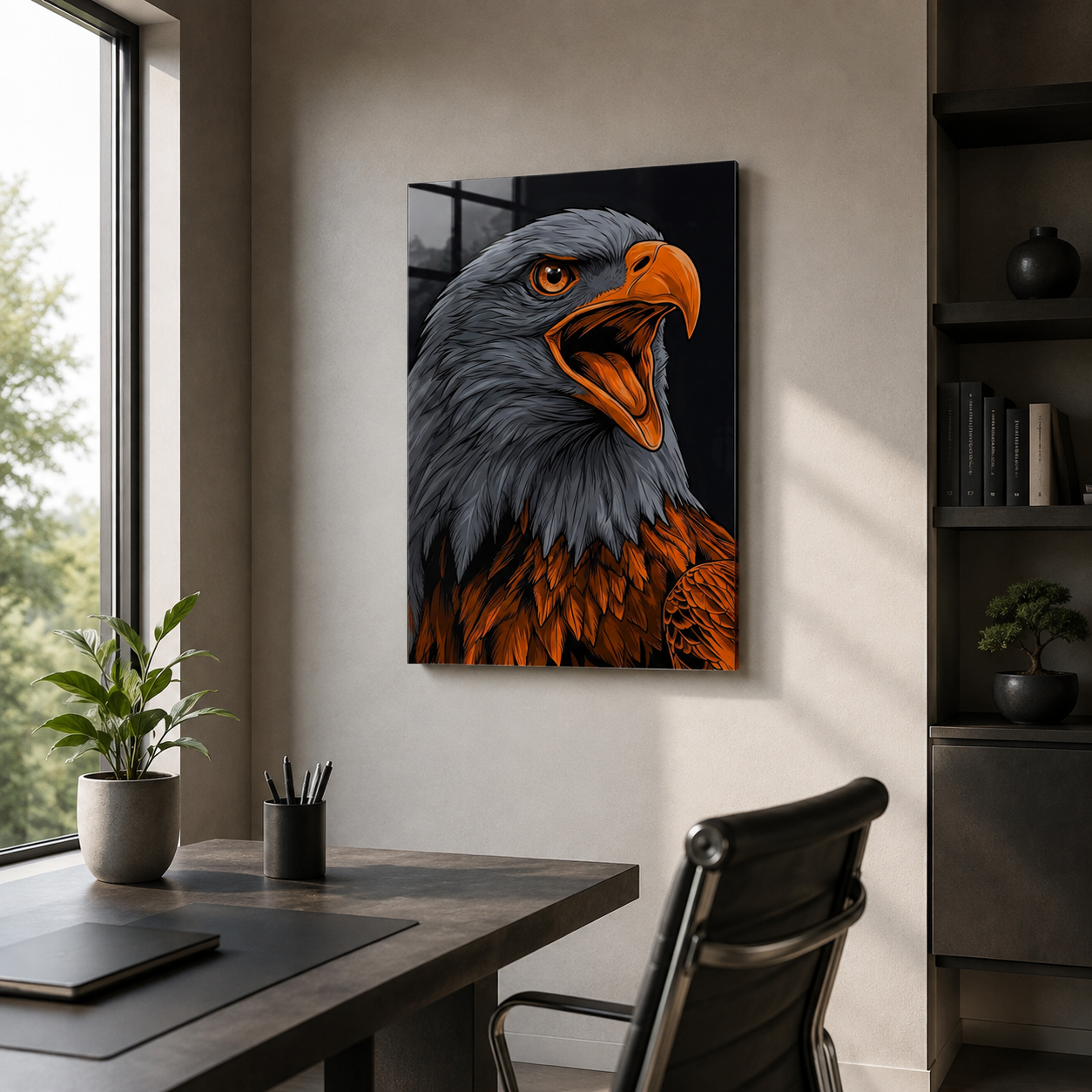 Turuncu gagalı kartal portresi dikey cam tablo modern ofis mockup