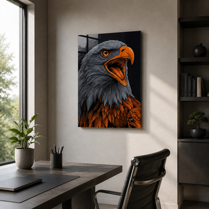 Turuncu gagalı kartal portresi dikey cam tablo modern ofis mockup