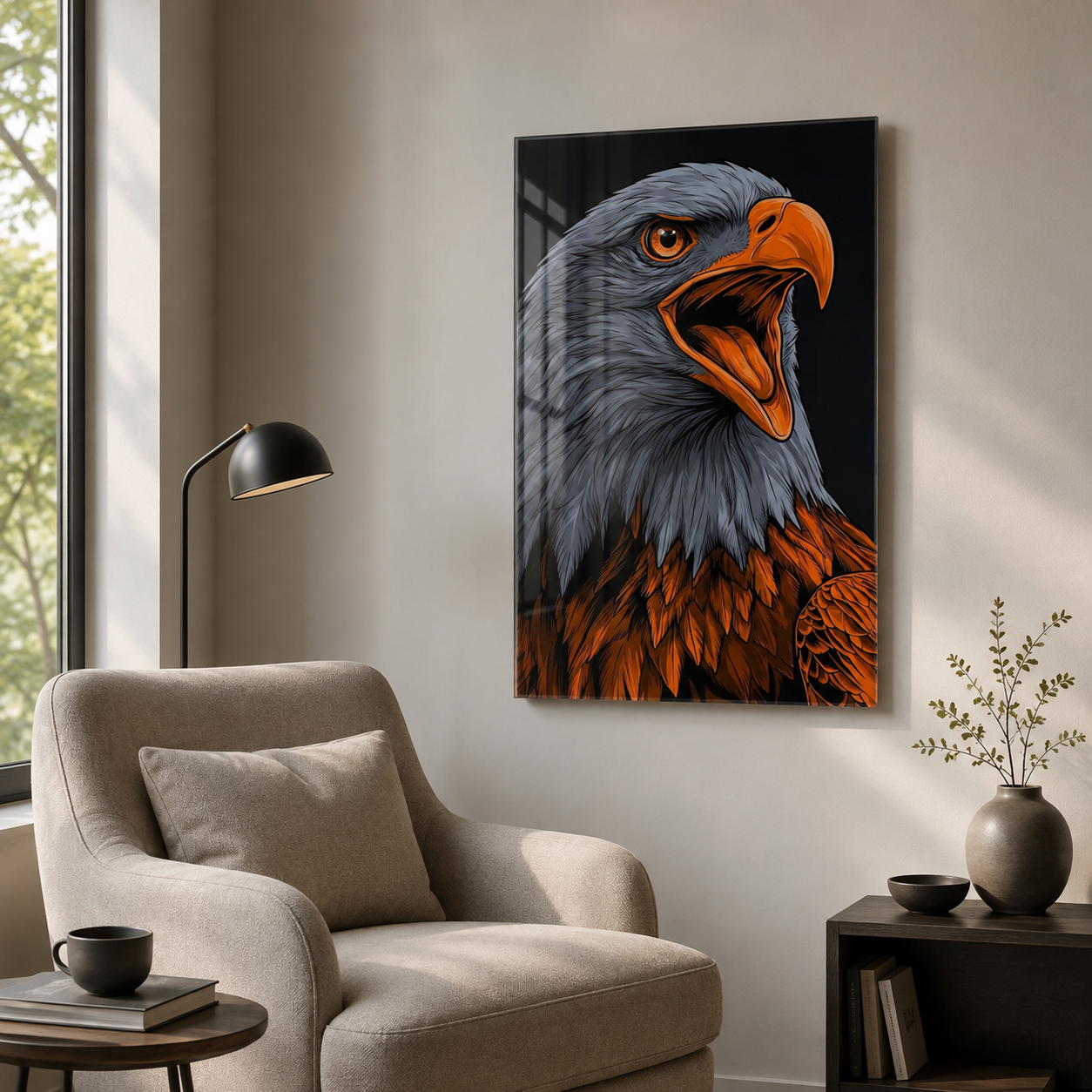 Turuncu gagalı kartal portresi dikey cam tablo modern okuma köşesi mockup