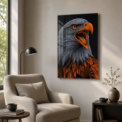 Turuncu gagalı kartal portresi dikey cam tablo modern okuma köşesi mockup