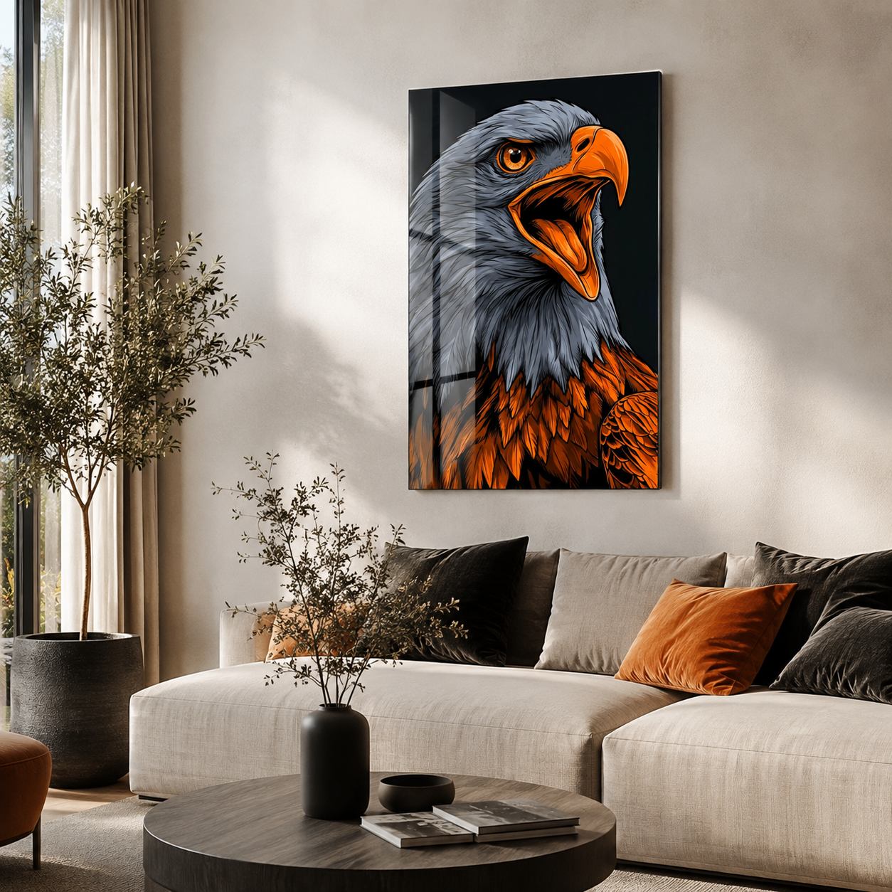 Turuncu gagalı kartal portresi dikey cam tablo modern salon mockup