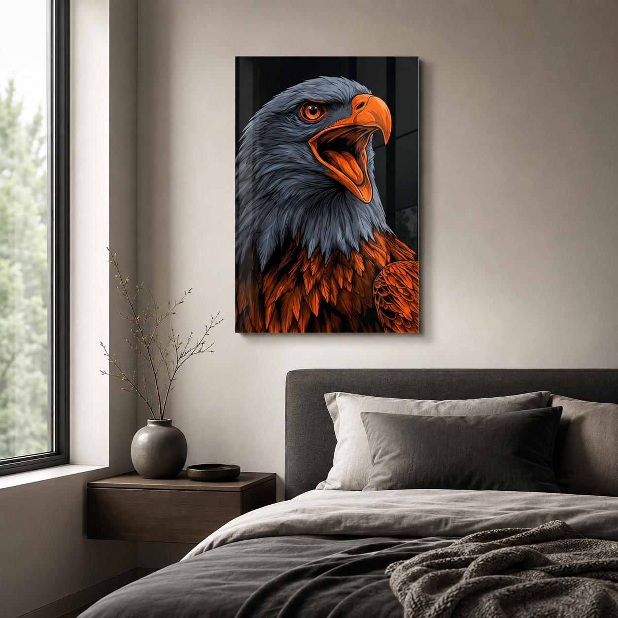 Turuncu gagalı kartal portresi dikey cam tablo yatak odası mockup