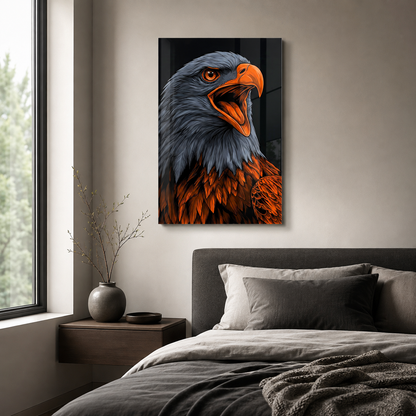 Turuncu gagalı kartal portresi dikey cam tablo yatak odası mockup