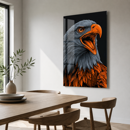 Turuncu gagalı kartal portresi dikey cam tablo modern yemek alanı mockup