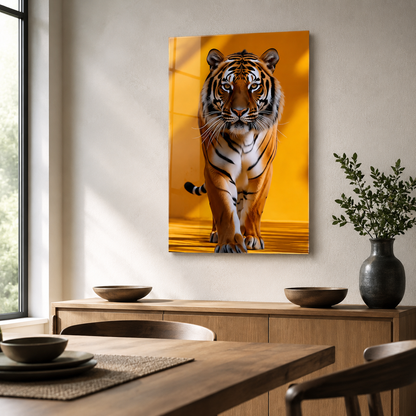 Turuncu fonda yürüyen kaplan dikey cam tablo modern yemek alanı mockup