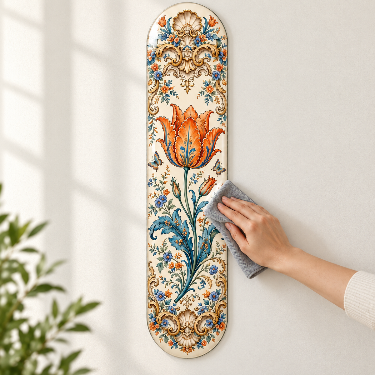 Krem Zeminde Turuncu Lale ve Mavi Çiçekli Dikey Skate Board Cam Tablo — temizlik