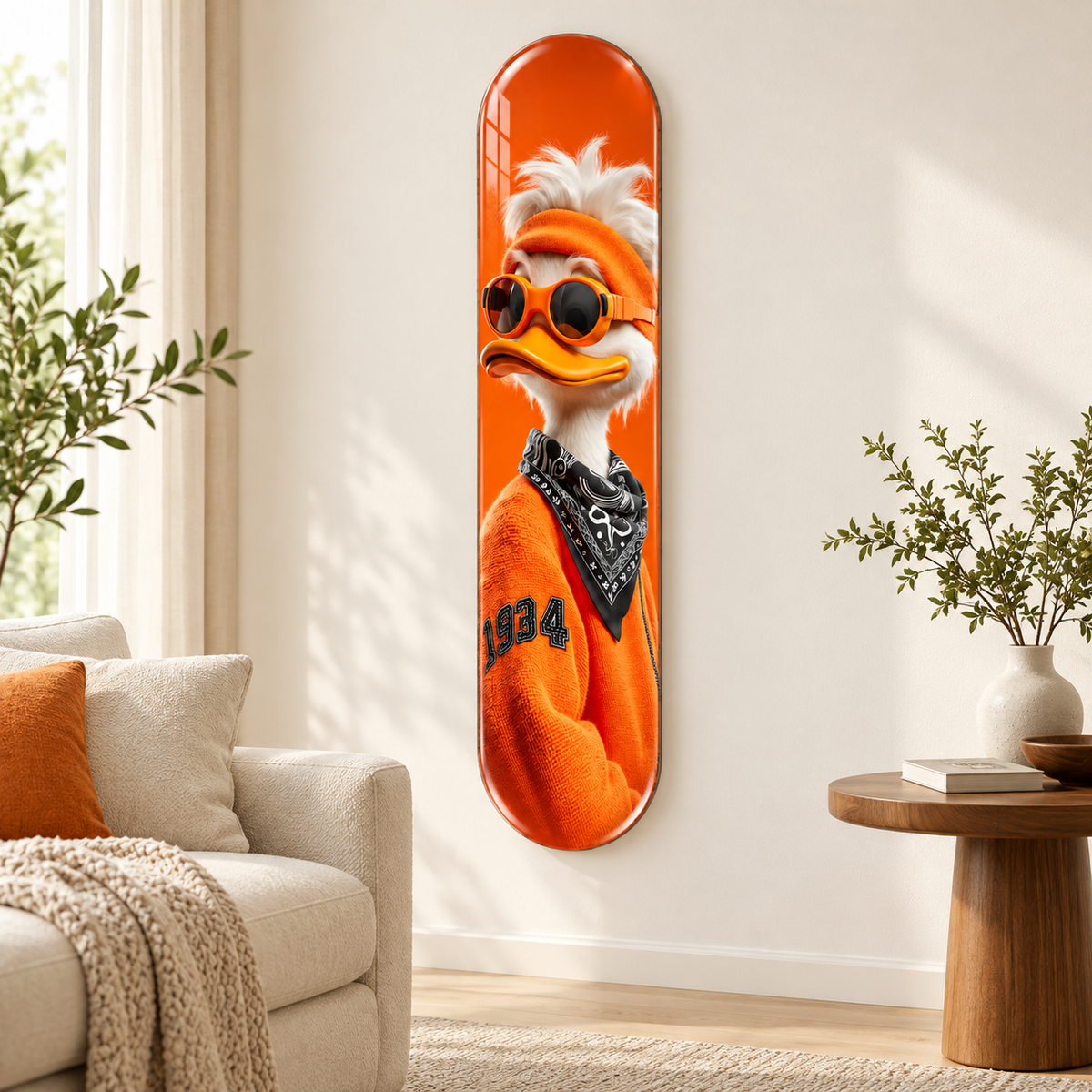 Turuncu Gözlüklü Ördek Dikey Skate Board Cam Tablo - Salon görünümü