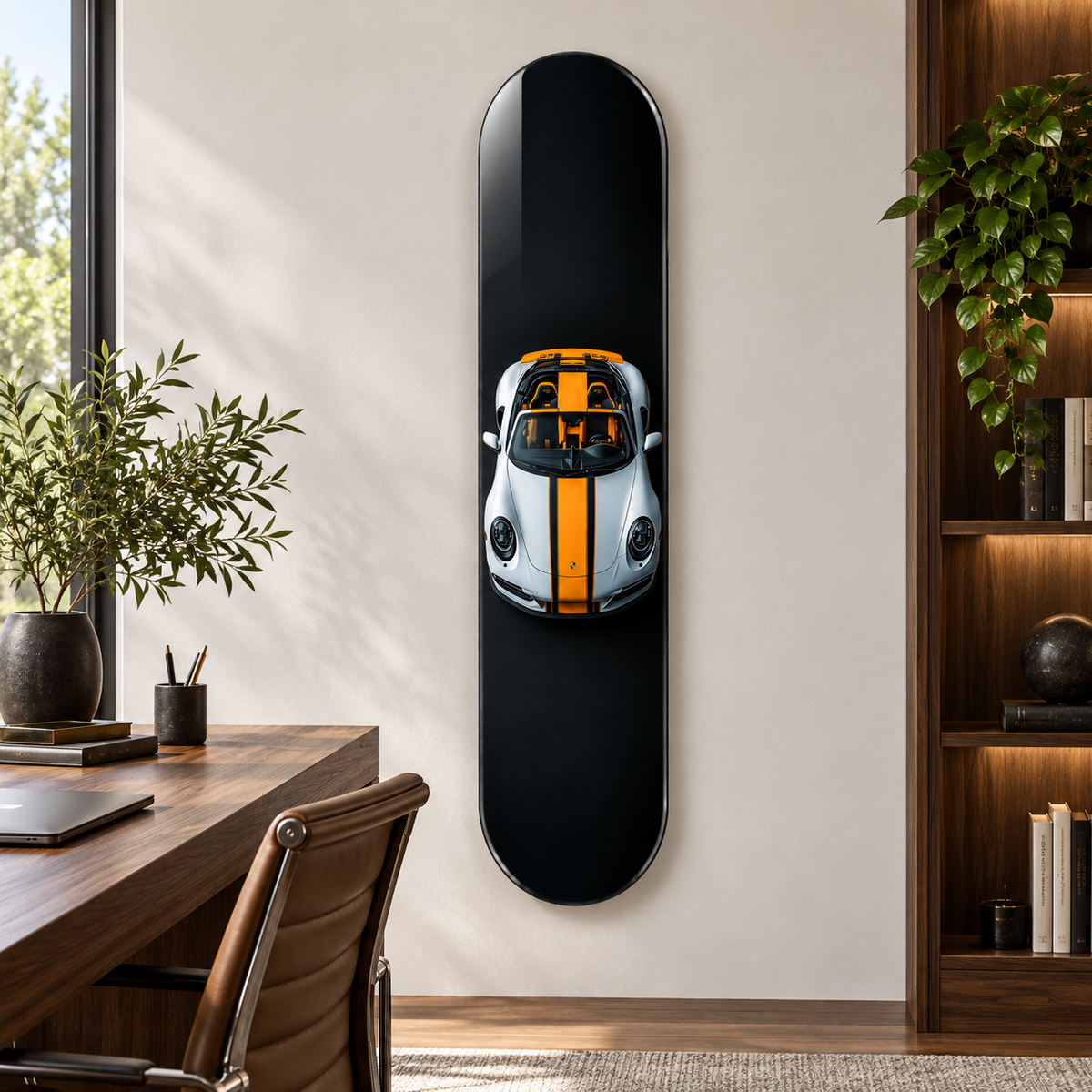 Turuncu Şeritli Gümüş Spor Cabrio Dikey Skate Board Cam Tablo – Çalışma odası
