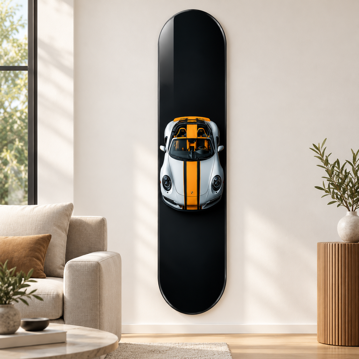 Turuncu Şeritli Gümüş Spor Cabrio Dikey Skate Board Cam Tablo – Salon
