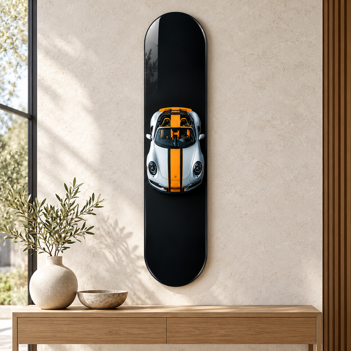 Turuncu Şeritli Gümüş Spor Cabrio Dikey Skate Board Cam Tablo – Konsol
