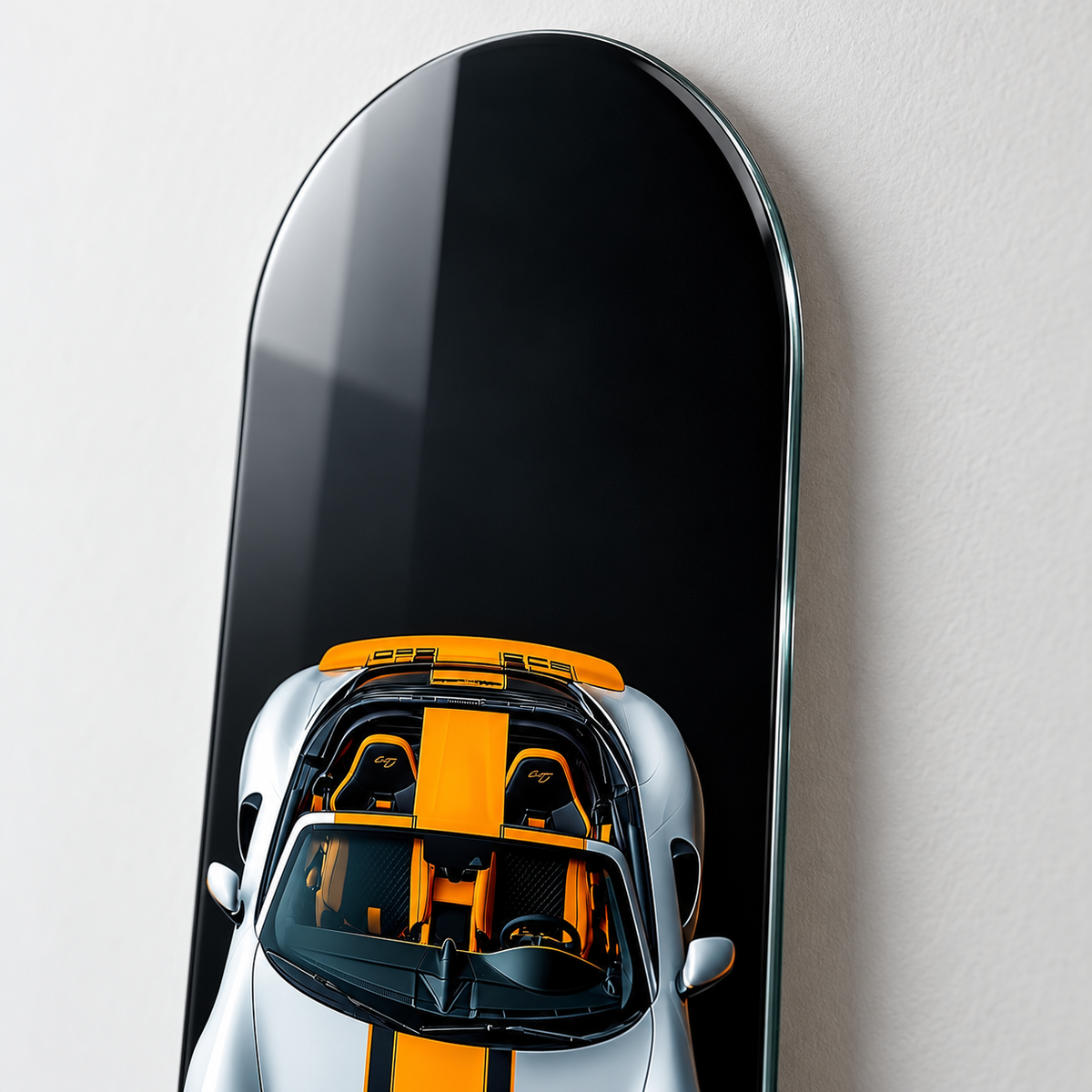 Turuncu Şeritli Gümüş Spor Cabrio Dikey Skate Board Cam Tablo – Cam kenarı