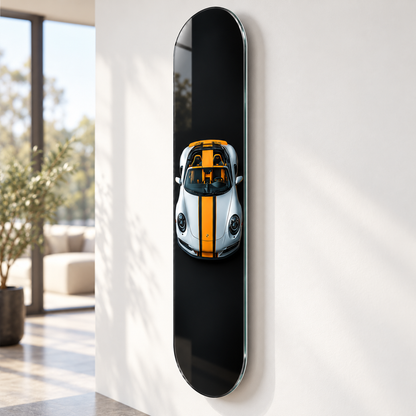Turuncu Şeritli Gümüş Spor Cabrio Dikey Skate Board Cam Tablo – Açılı görünüm