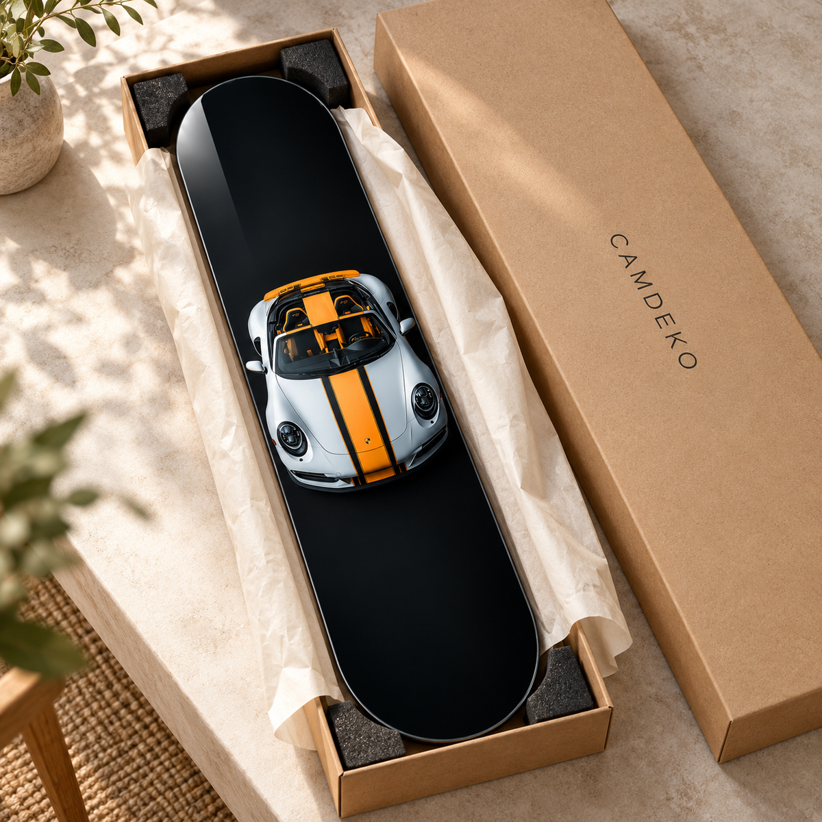 Turuncu Şeritli Gümüş Spor Cabrio Dikey Skate Board Cam Tablo – Kutulama