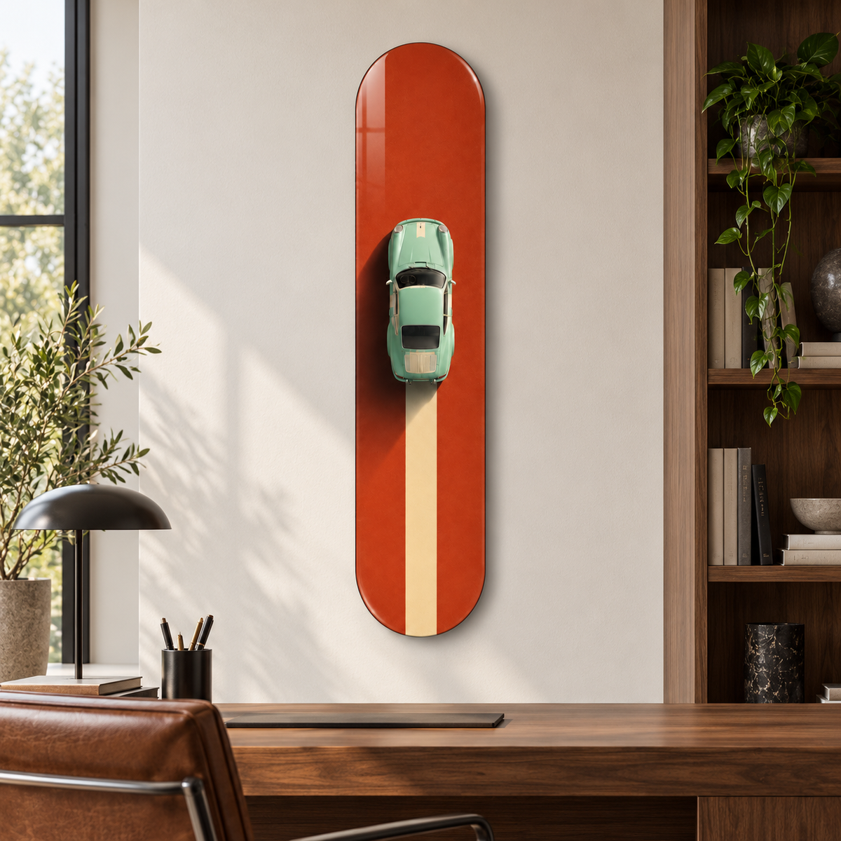 Turuncu Yolda Mint Yeşili Klasik Otomobil Dikey Skate Board Cam Tablo – Çalışma odası