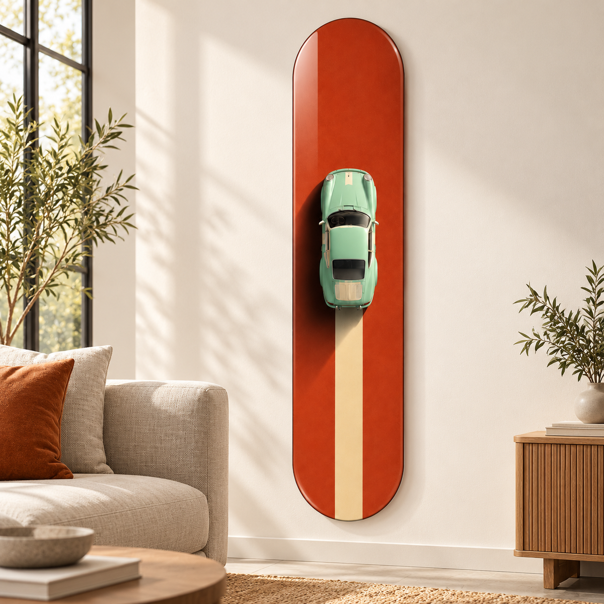 Turuncu Yolda Mint Yeşili Klasik Otomobil Dikey Skate Board Cam Tablo – Salon