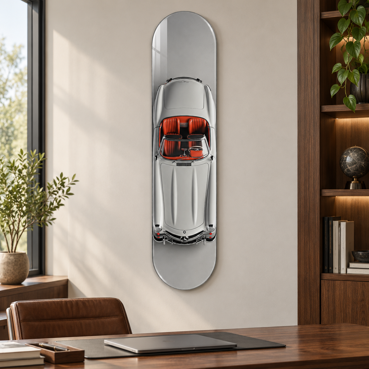 Üstten Görünümlü Gümüş Klasik Cabrio Dikey Skate Board Cam Tablo – Çalışma odası