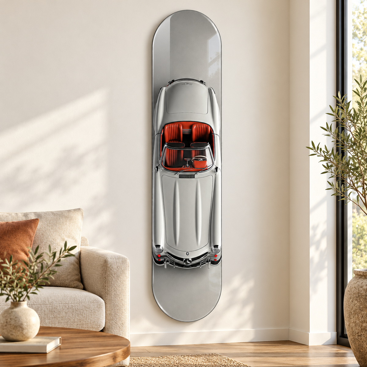 Üstten Görünümlü Gümüş Klasik Cabrio Dikey Skate Board Cam Tablo – Salon