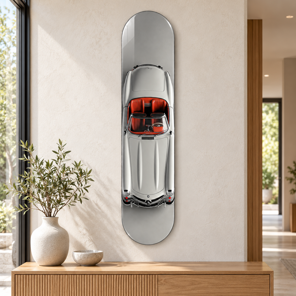 Üstten Görünümlü Gümüş Klasik Cabrio Dikey Skate Board Cam Tablo – Antre