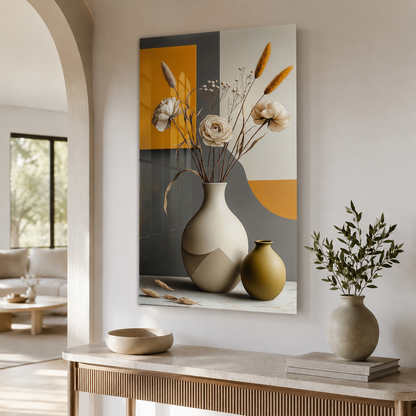 Modern vazo ve botanik desenli dikey cam tablo antre mockup
