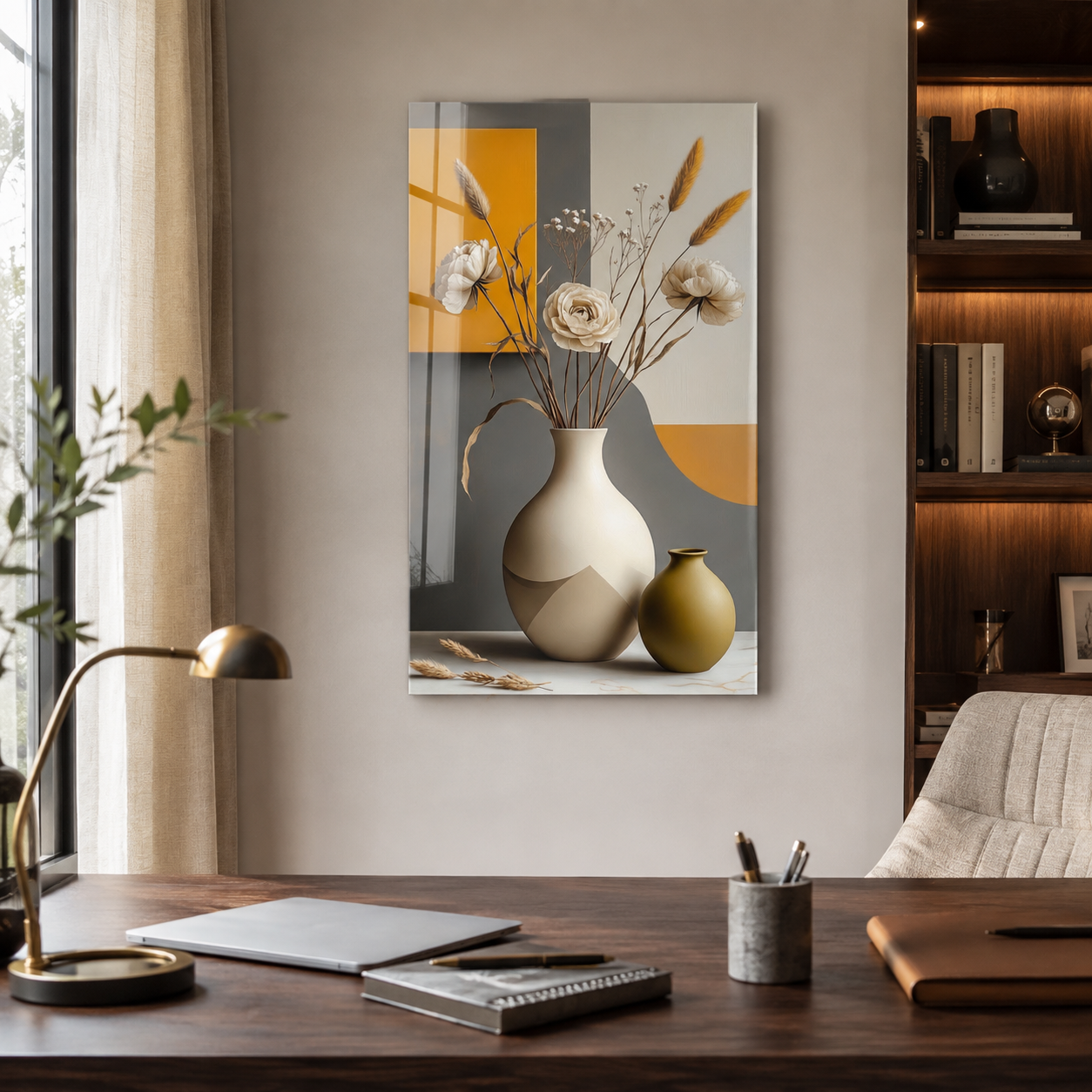 Modern vazo ve botanik desenli dikey cam tablo çalışma odası mockup