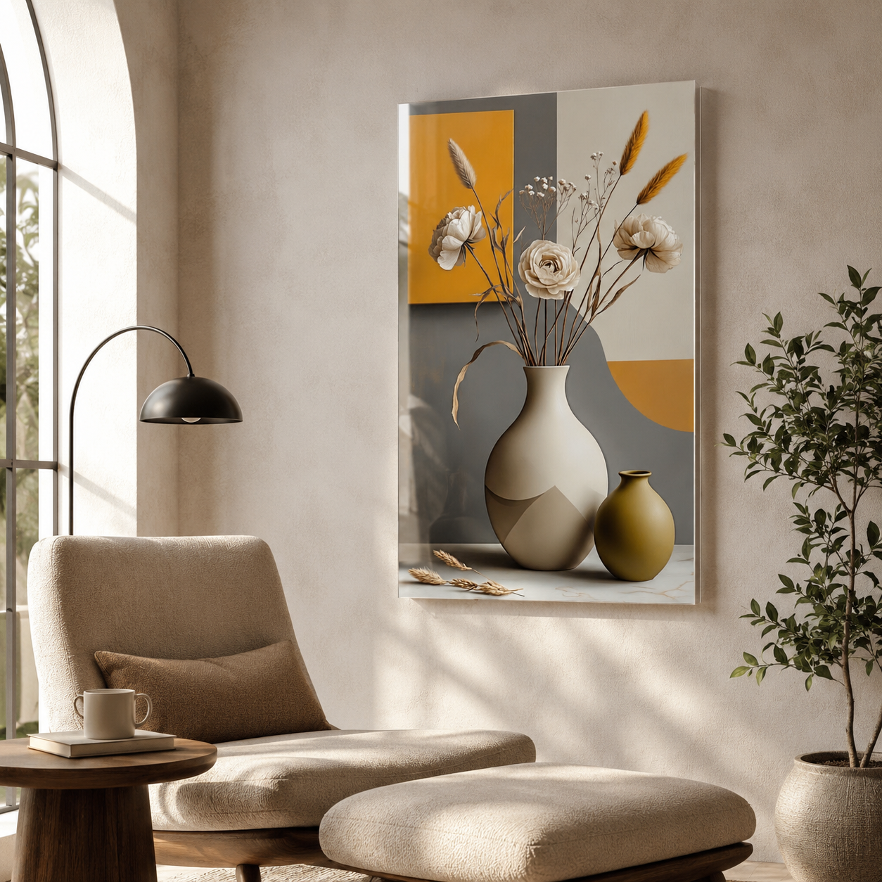 Modern vazo ve botanik desenli dikey cam tablo okuma köşesi mockup
