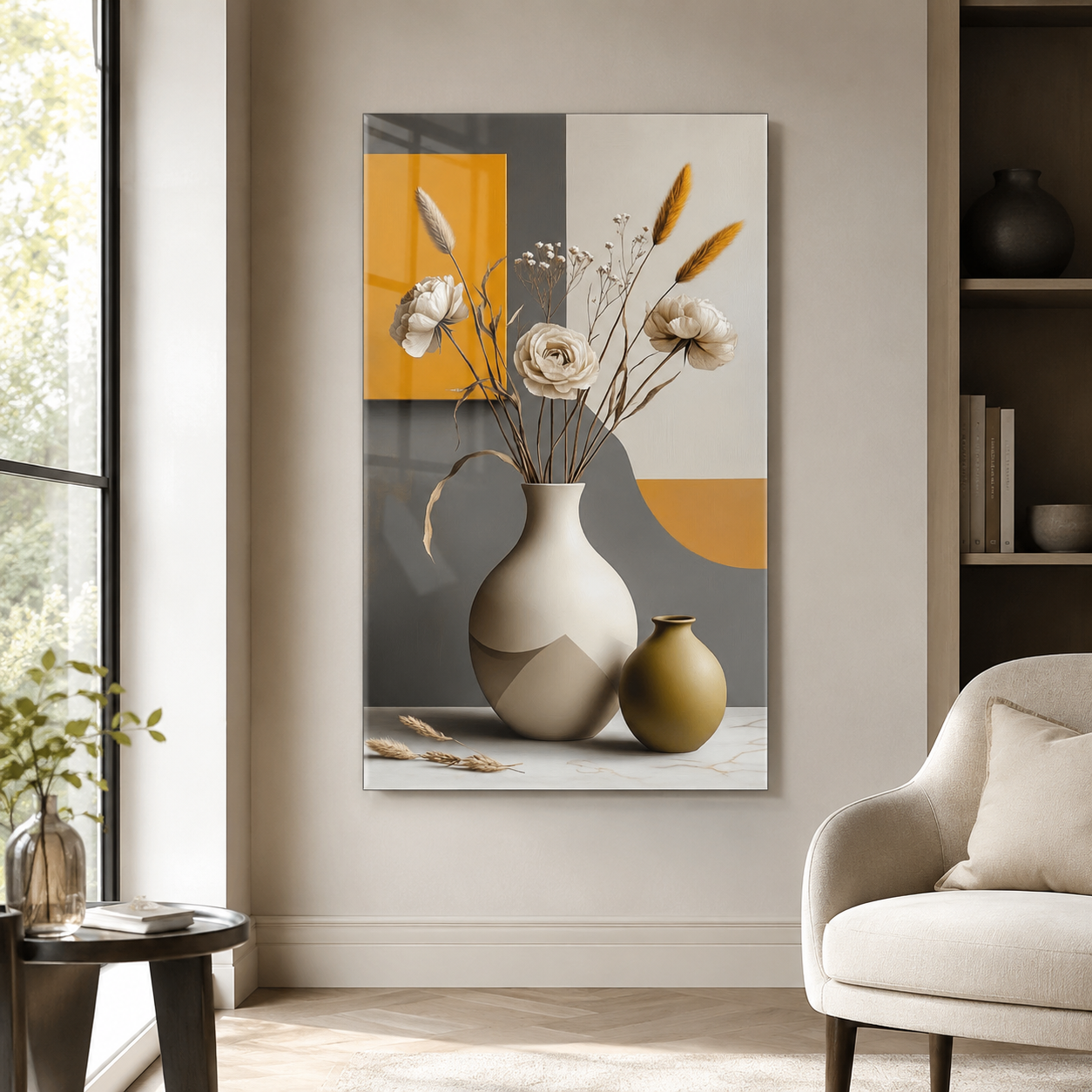 Modern vazo ve botanik desenli dikey cam tablo modern salon mockup