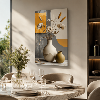 Modern vazo ve botanik desenli dikey cam tablo modern yemek alanı mockup