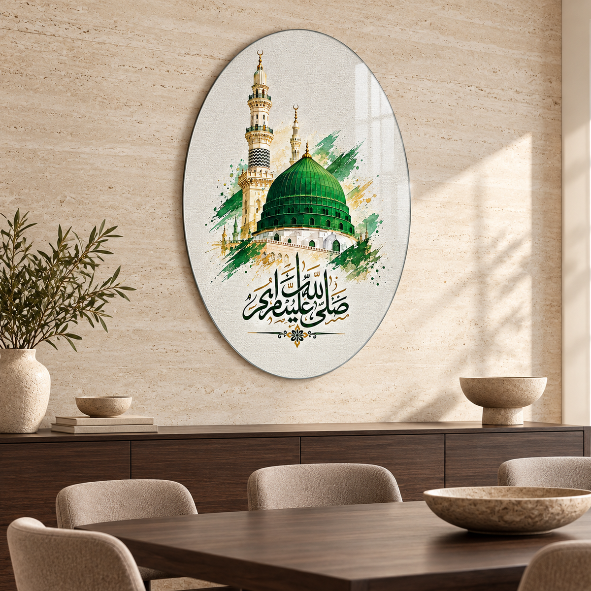 Yeşil Kubbe ve Salavat Hatlı Dikey Oval Cam Tablo - Yemek odası