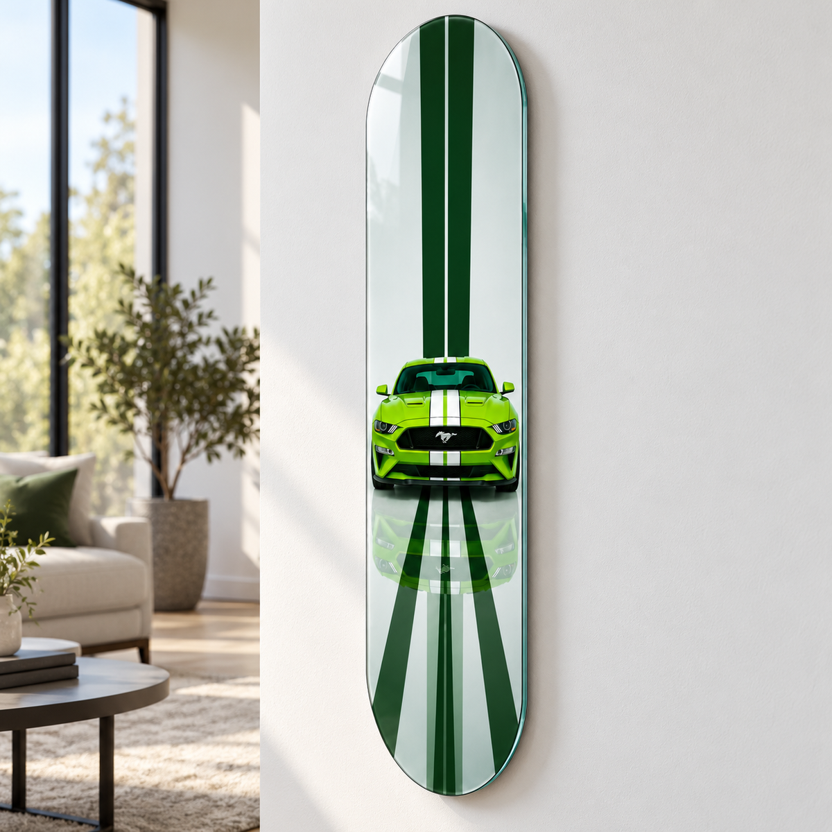 Yeşil Şeritli Canlı Yeşil Spor Otomobil Dikey Skate Board Cam Tablo – Açılı görünüm