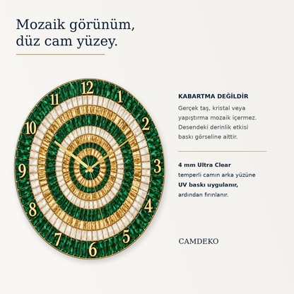 Mozaik görünüm düz cam yüzeydir; gerçek taş, kristal, kabartma veya yapıştırma mozaik içermez. 4 mm Ultra Clear temperli camın arka yüzüne UV baskı uygulanır ve ardından fırınlanır.