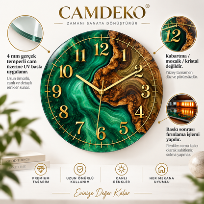 Zümrüt yeşili ve ahşap desenli CAMDEKO cam saatin düz cam baskı, 4 mm temperli cam ve UV baskı sonrası fırınlama özellikleri