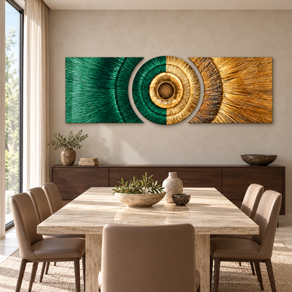 Zümrüt ve Altın Halkalar Şekilli Kesim Cam Tablo — Yemek odası