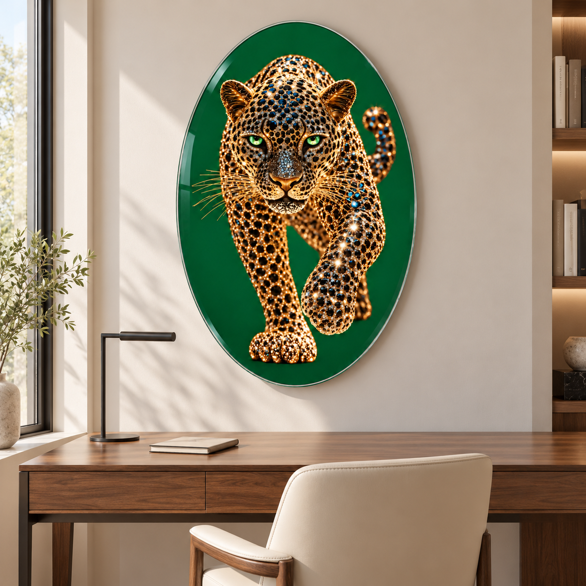 Zümrüt Zeminli Mücevher Leopar Dikey Oval Cam Tablo - Çalışma odası