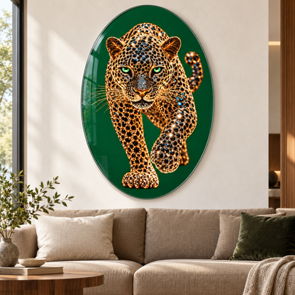 Zümrüt Zeminli Mücevher Leopar Dikey Oval Cam Tablo - Premium salon