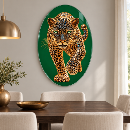 Zümrüt Zeminli Mücevher Leopar Dikey Oval Cam Tablo - Yemek odası