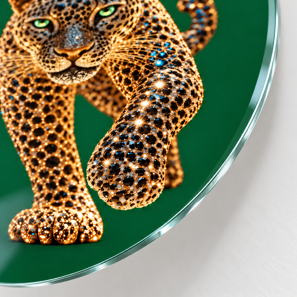Zümrüt Zeminli Mücevher Leopar Dikey Oval Cam Tablo - 4 mm ince cam kenarı
