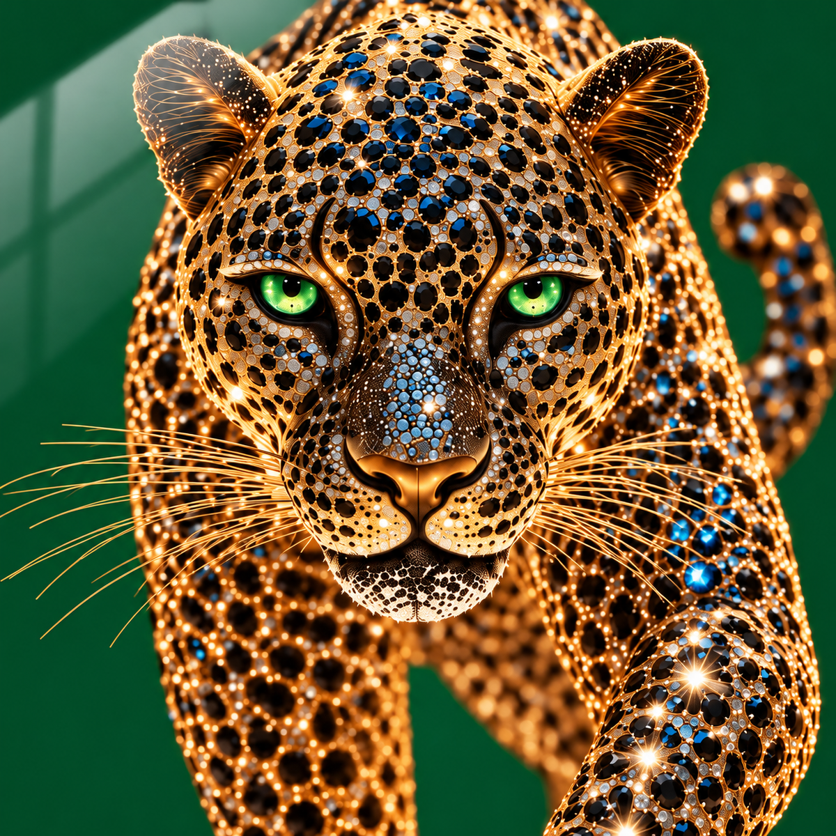 Zümrüt Zeminli Mücevher Leopar Dikey Oval Cam Tablo - UV baskı detayı
