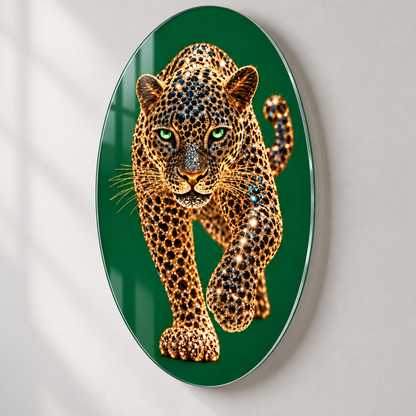 Zümrüt Zeminli Mücevher Leopar Dikey Oval Cam Tablo - 2 cm duvar mesafesi