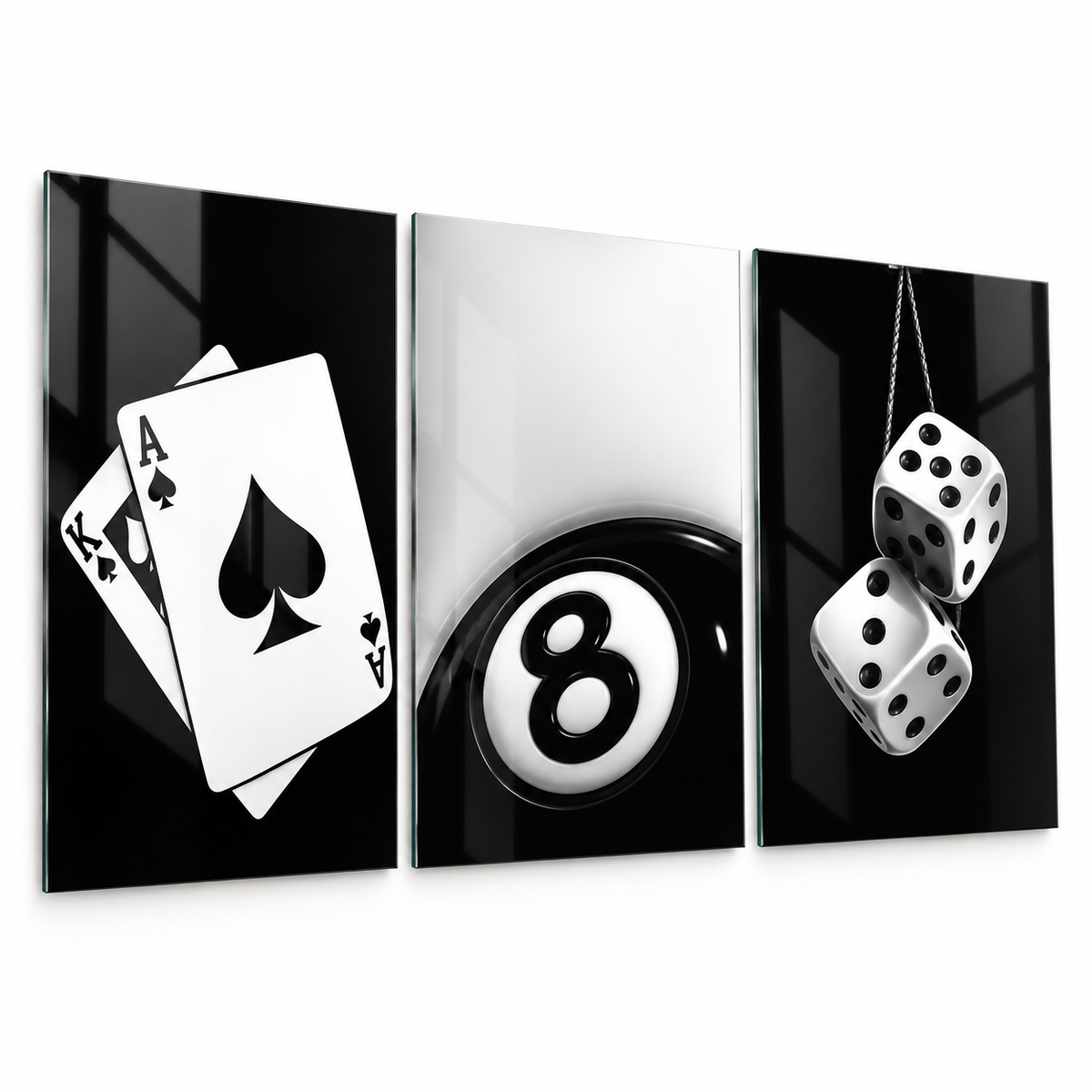 İskambil kartları 8 numaralı bilardo topu zar temalı 3'lü cam tablo beyaz zemin vitrin