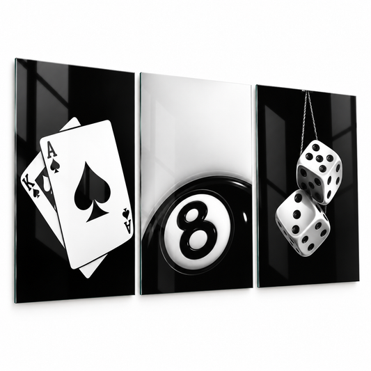 İskambil kartları 8 numaralı bilardo topu zar temalı 3'lü cam tablo beyaz zemin vitrin