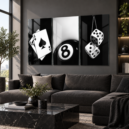 İskambil kartları bilardo topu zar temalı 3'lü cam tablo premium salon