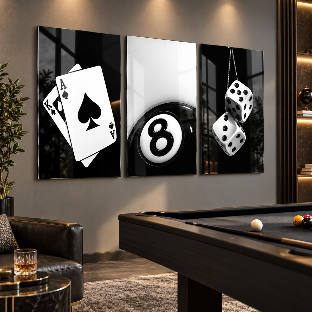 İskambil kartları bilardo topu zar temalı 3'lü cam tablo bilardo odası